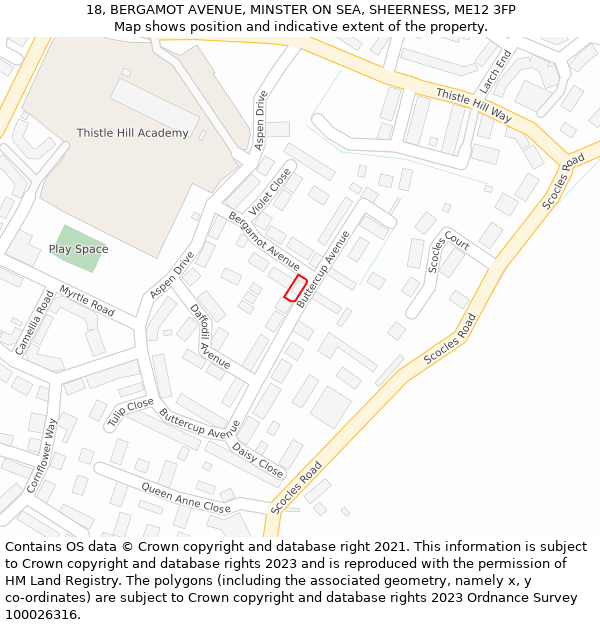 18, BERGAMOT AVENUE, MINSTER ON SEA, SHEERNESS, ME12 3FP: Location map and indicative extent of plot