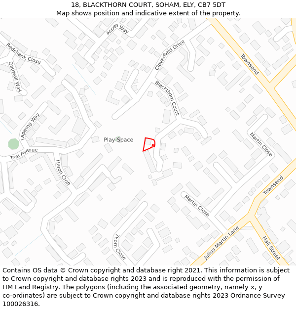 18, BLACKTHORN COURT, SOHAM, ELY, CB7 5DT: Location map and indicative extent of plot