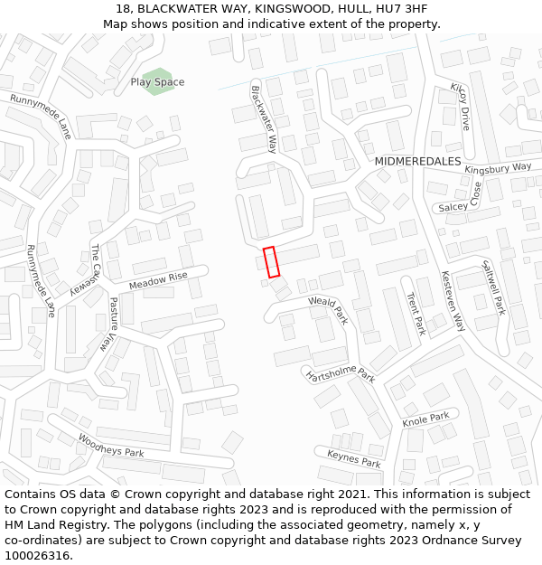 18, BLACKWATER WAY, KINGSWOOD, HULL, HU7 3HF: Location map and indicative extent of plot