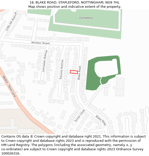 18, BLAKE ROAD, STAPLEFORD, NOTTINGHAM, NG9 7HL: Location map and indicative extent of plot