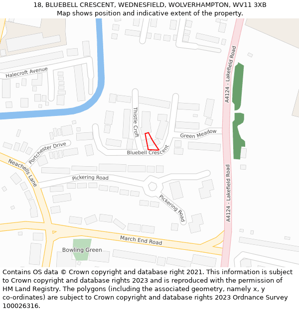 18, BLUEBELL CRESCENT, WEDNESFIELD, WOLVERHAMPTON, WV11 3XB: Location map and indicative extent of plot