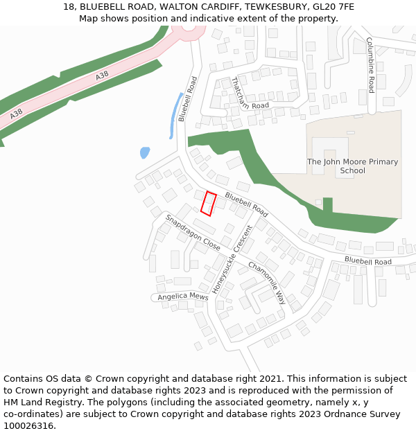 18, BLUEBELL ROAD, WALTON CARDIFF, TEWKESBURY, GL20 7FE: Location map and indicative extent of plot