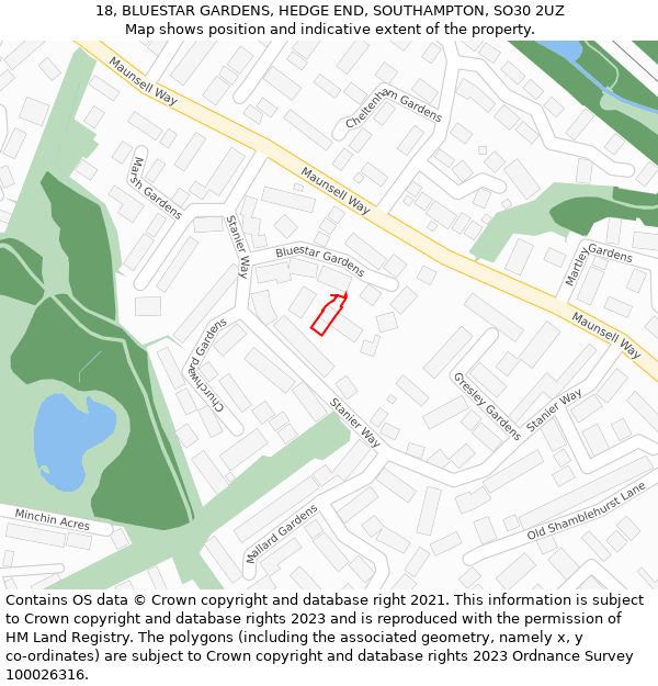 18, BLUESTAR GARDENS, HEDGE END, SOUTHAMPTON, SO30 2UZ: Location map and indicative extent of plot