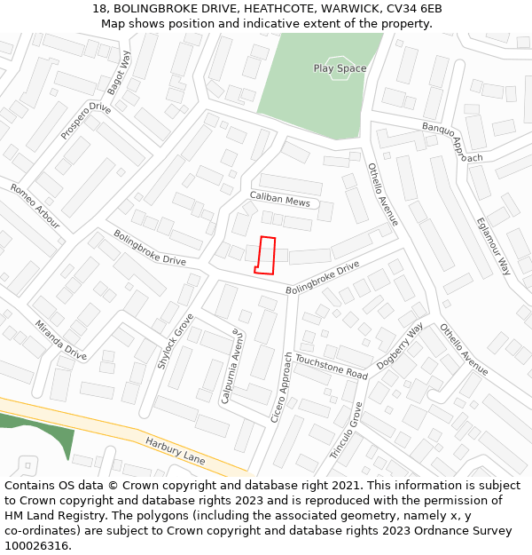 18, BOLINGBROKE DRIVE, HEATHCOTE, WARWICK, CV34 6EB: Location map and indicative extent of plot