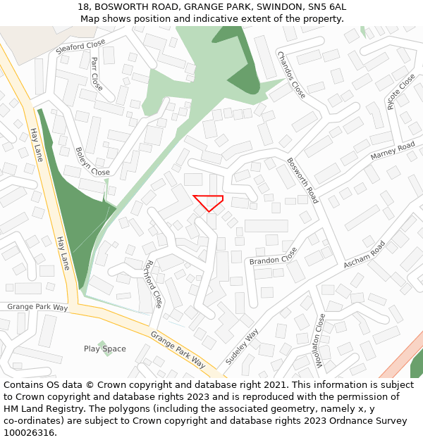 18, BOSWORTH ROAD, GRANGE PARK, SWINDON, SN5 6AL: Location map and indicative extent of plot