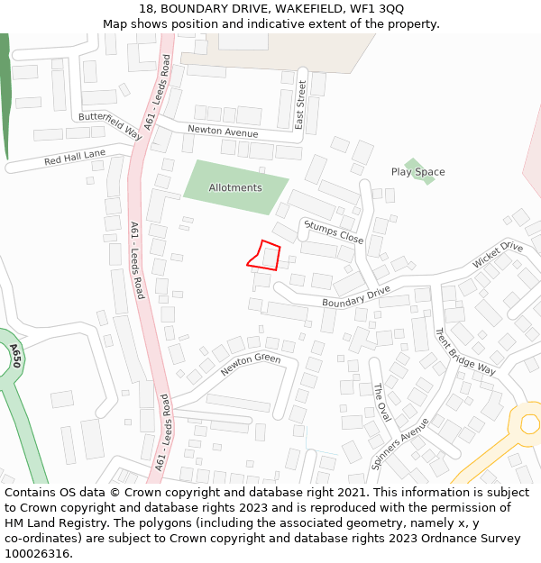 18, BOUNDARY DRIVE, WAKEFIELD, WF1 3QQ: Location map and indicative extent of plot