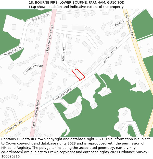 18, BOURNE FIRS, LOWER BOURNE, FARNHAM, GU10 3QD: Location map and indicative extent of plot