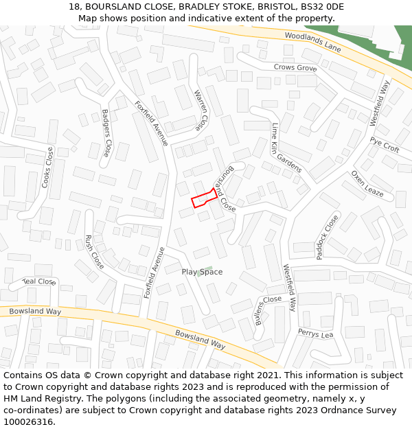 18, BOURSLAND CLOSE, BRADLEY STOKE, BRISTOL, BS32 0DE: Location map and indicative extent of plot