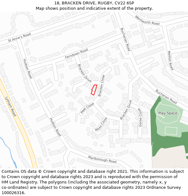 18, BRACKEN DRIVE, RUGBY, CV22 6SP: Location map and indicative extent of plot