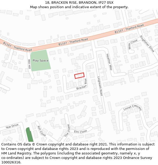 18, BRACKEN RISE, BRANDON, IP27 0SX: Location map and indicative extent of plot