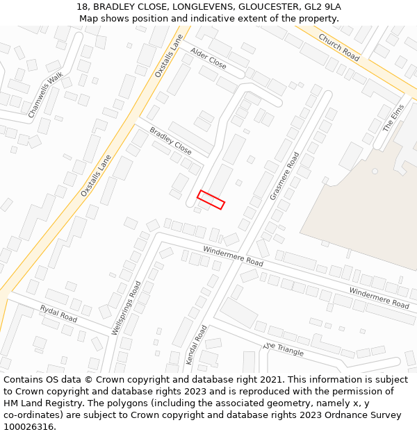 18, BRADLEY CLOSE, LONGLEVENS, GLOUCESTER, GL2 9LA: Location map and indicative extent of plot