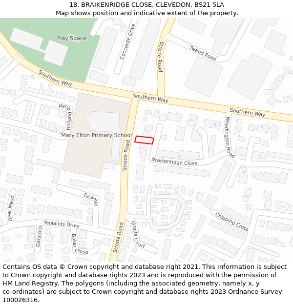 18, BRAIKENRIDGE CLOSE, CLEVEDON, BS21 5LA: Location map and indicative extent of plot