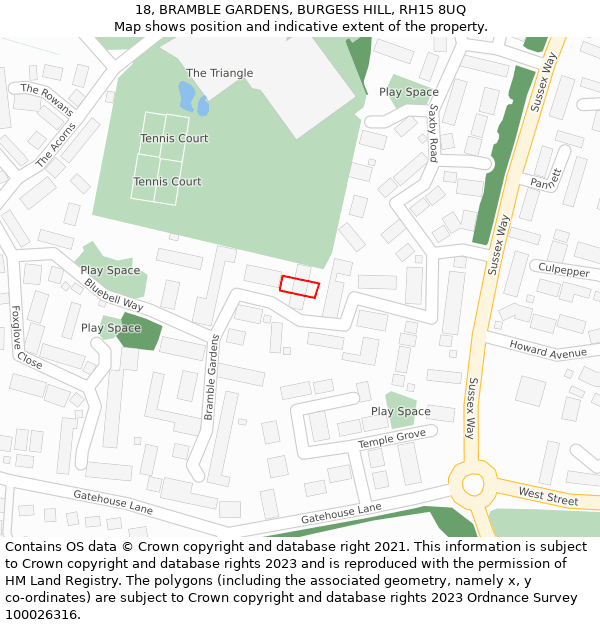 18, BRAMBLE GARDENS, BURGESS HILL, RH15 8UQ: Location map and indicative extent of plot