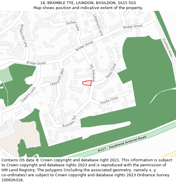 18, BRAMBLE TYE, LAINDON, BASILDON, SS15 5GS: Location map and indicative extent of plot