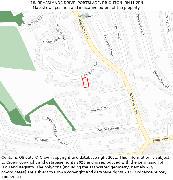 18, BRASSLANDS DRIVE, PORTSLADE, BRIGHTON, BN41 2PN: Location map and indicative extent of plot