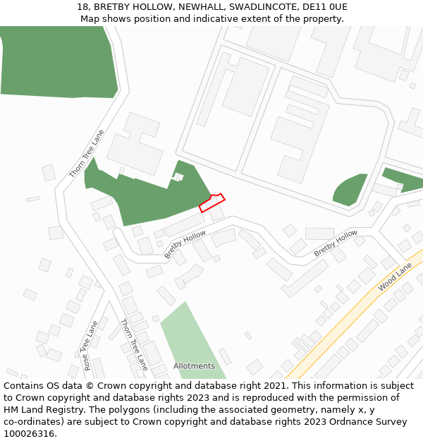 18, BRETBY HOLLOW, NEWHALL, SWADLINCOTE, DE11 0UE: Location map and indicative extent of plot