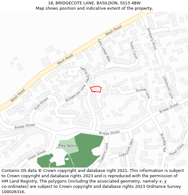 18, BRIDGECOTE LANE, BASILDON, SS15 4BW: Location map and indicative extent of plot