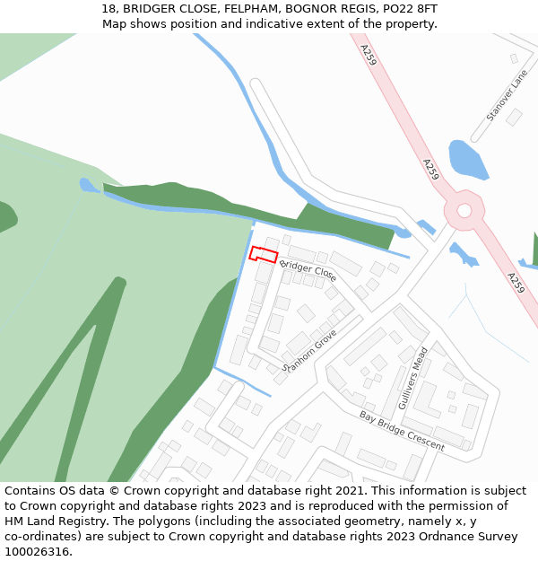 18, BRIDGER CLOSE, FELPHAM, BOGNOR REGIS, PO22 8FT: Location map and indicative extent of plot