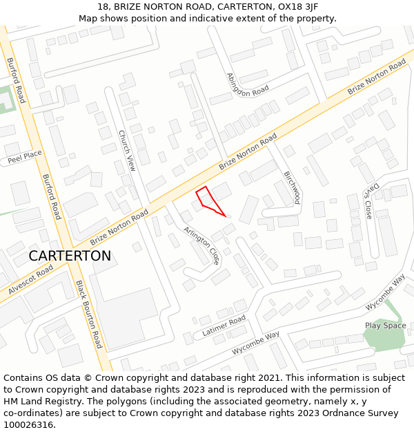 18, BRIZE NORTON ROAD, CARTERTON, OX18 3JF: Location map and indicative extent of plot