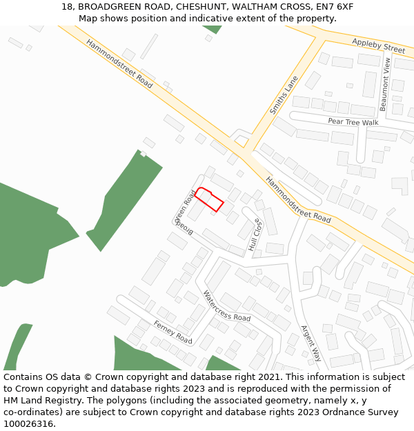 18, BROADGREEN ROAD, CHESHUNT, WALTHAM CROSS, EN7 6XF: Location map and indicative extent of plot