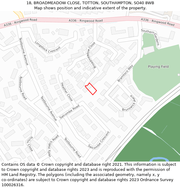 18, BROADMEADOW CLOSE, TOTTON, SOUTHAMPTON, SO40 8WB: Location map and indicative extent of plot