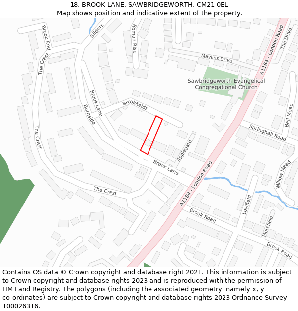 18, BROOK LANE, SAWBRIDGEWORTH, CM21 0EL: Location map and indicative extent of plot