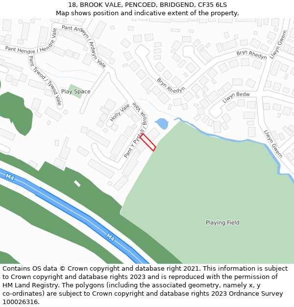 18, BROOK VALE, PENCOED, BRIDGEND, CF35 6LS: Location map and indicative extent of plot