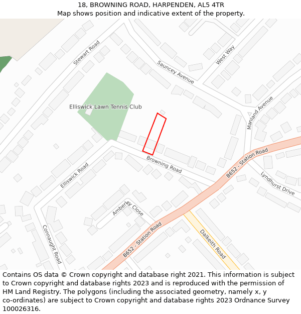 18, BROWNING ROAD, HARPENDEN, AL5 4TR: Location map and indicative extent of plot