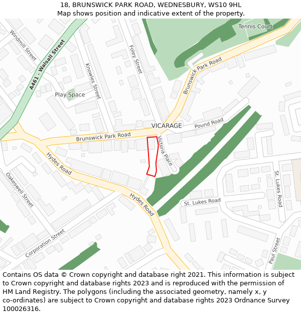 18, BRUNSWICK PARK ROAD, WEDNESBURY, WS10 9HL: Location map and indicative extent of plot