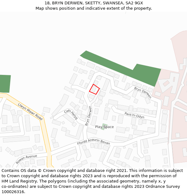 18, BRYN DERWEN, SKETTY, SWANSEA, SA2 9GX: Location map and indicative extent of plot