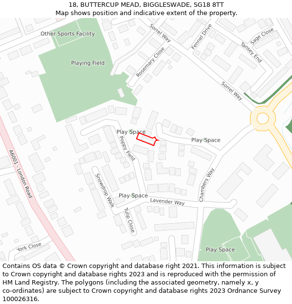 18, BUTTERCUP MEAD, BIGGLESWADE, SG18 8TT: Location map and indicative extent of plot