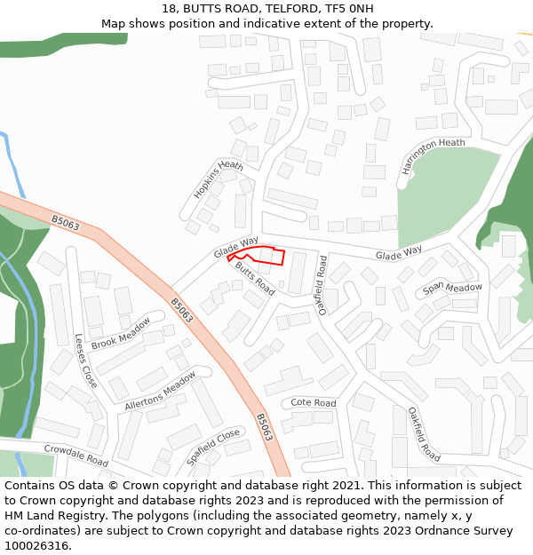 18, BUTTS ROAD, TELFORD, TF5 0NH: Location map and indicative extent of plot