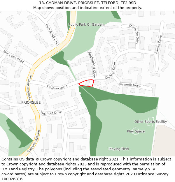 18, CADMAN DRIVE, PRIORSLEE, TELFORD, TF2 9SD: Location map and indicative extent of plot