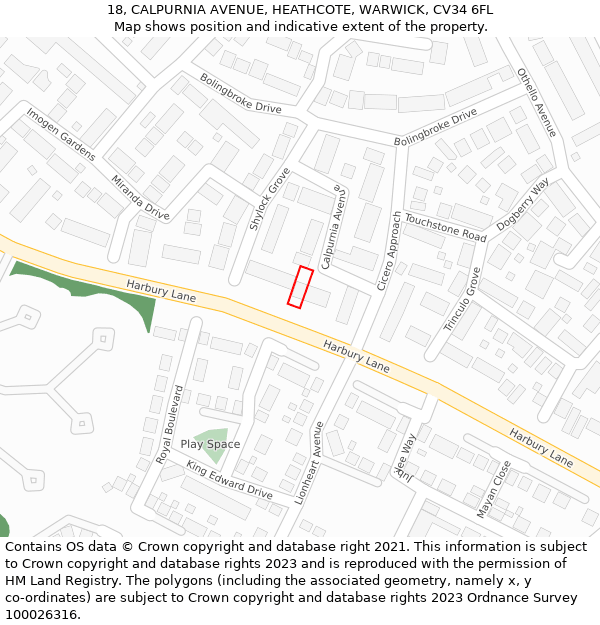 18, CALPURNIA AVENUE, HEATHCOTE, WARWICK, CV34 6FL: Location map and indicative extent of plot