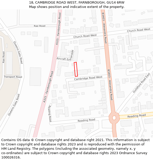 18, CAMBRIDGE ROAD WEST, FARNBOROUGH, GU14 6RW: Location map and indicative extent of plot