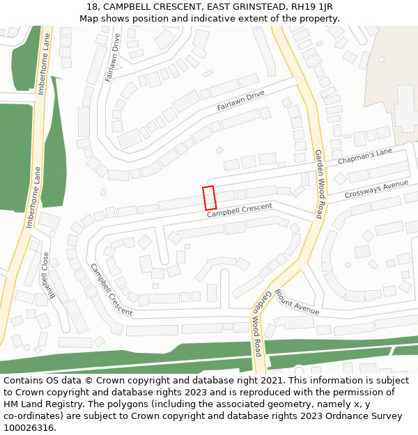 18, CAMPBELL CRESCENT, EAST GRINSTEAD, RH19 1JR: Location map and indicative extent of plot