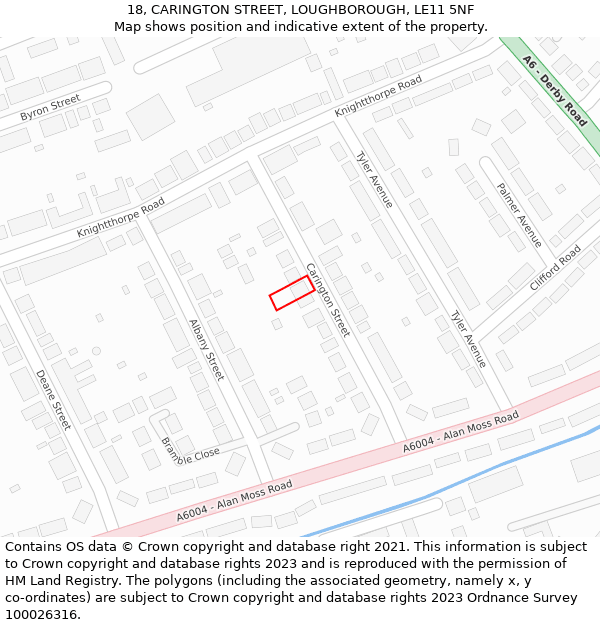 18, CARINGTON STREET, LOUGHBOROUGH, LE11 5NF: Location map and indicative extent of plot