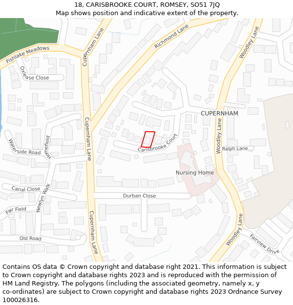 18, CARISBROOKE COURT, ROMSEY, SO51 7JQ: Location map and indicative extent of plot