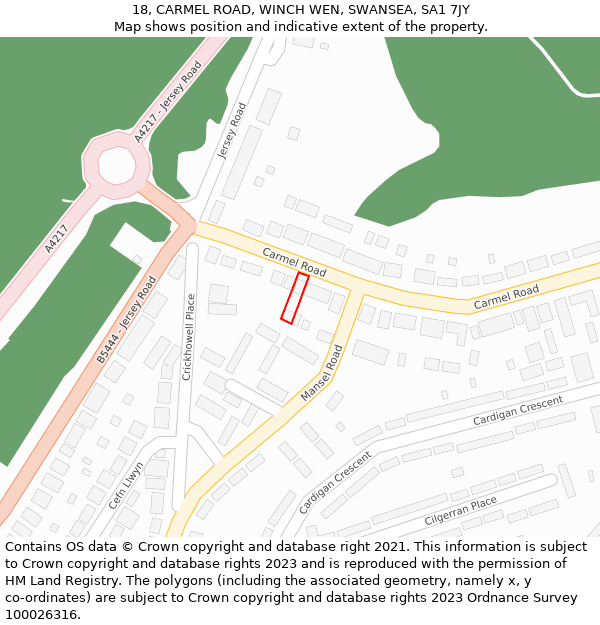 18, CARMEL ROAD, WINCH WEN, SWANSEA, SA1 7JY: Location map and indicative extent of plot