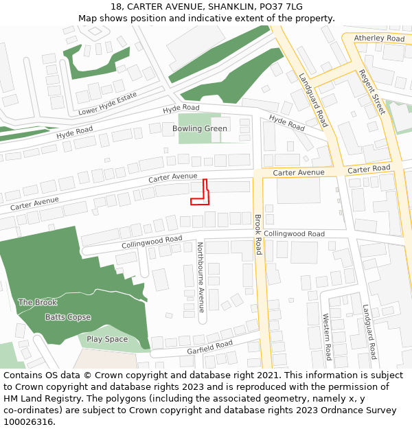 18, CARTER AVENUE, SHANKLIN, PO37 7LG: Location map and indicative extent of plot