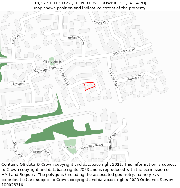 18, CASTELL CLOSE, HILPERTON, TROWBRIDGE, BA14 7UJ: Location map and indicative extent of plot