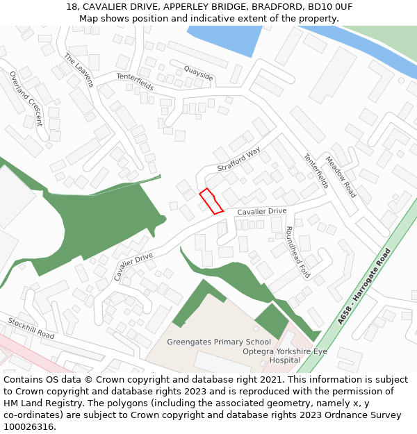 18, CAVALIER DRIVE, APPERLEY BRIDGE, BRADFORD, BD10 0UF: Location map and indicative extent of plot