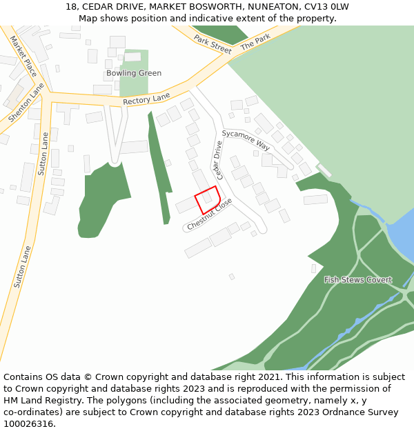 18, CEDAR DRIVE, MARKET BOSWORTH, NUNEATON, CV13 0LW: Location map and indicative extent of plot