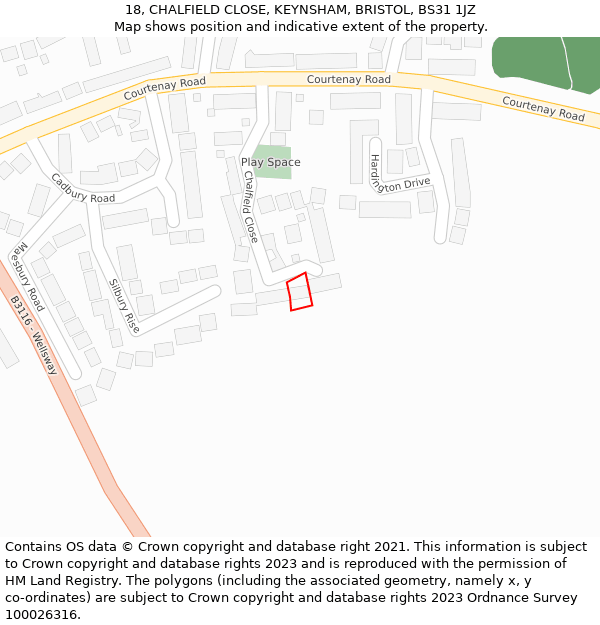 18, CHALFIELD CLOSE, KEYNSHAM, BRISTOL, BS31 1JZ: Location map and indicative extent of plot