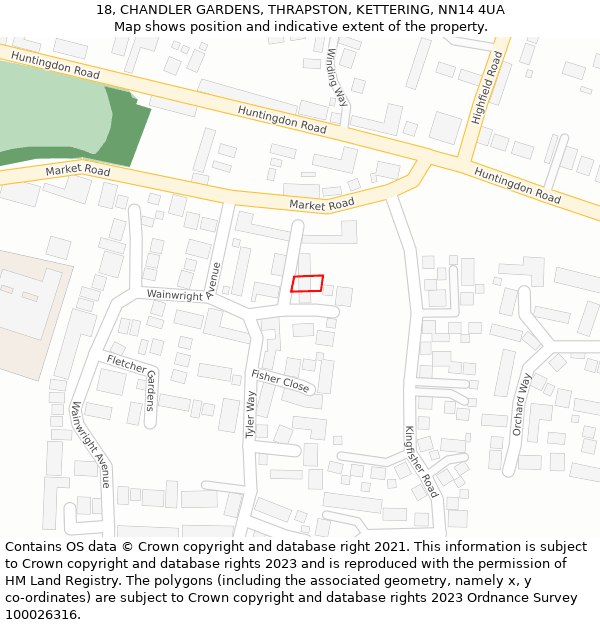 18, CHANDLER GARDENS, THRAPSTON, KETTERING, NN14 4UA: Location map and indicative extent of plot