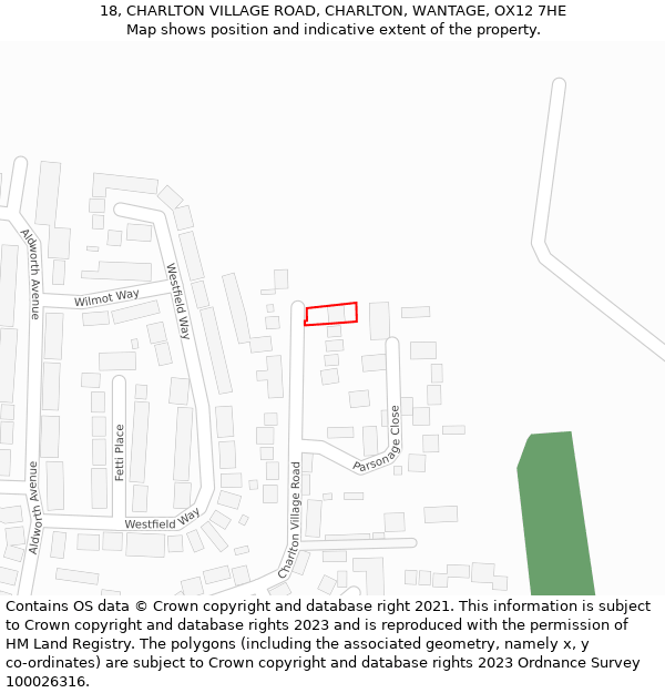 18, CHARLTON VILLAGE ROAD, CHARLTON, WANTAGE, OX12 7HE: Location map and indicative extent of plot