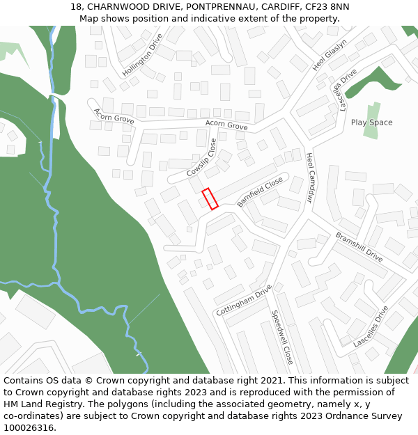 18, CHARNWOOD DRIVE, PONTPRENNAU, CARDIFF, CF23 8NN: Location map and indicative extent of plot