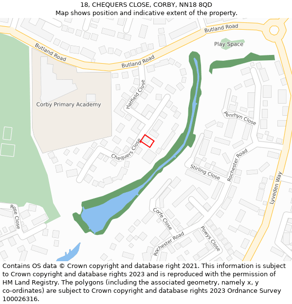 18, CHEQUERS CLOSE, CORBY, NN18 8QD: Location map and indicative extent of plot