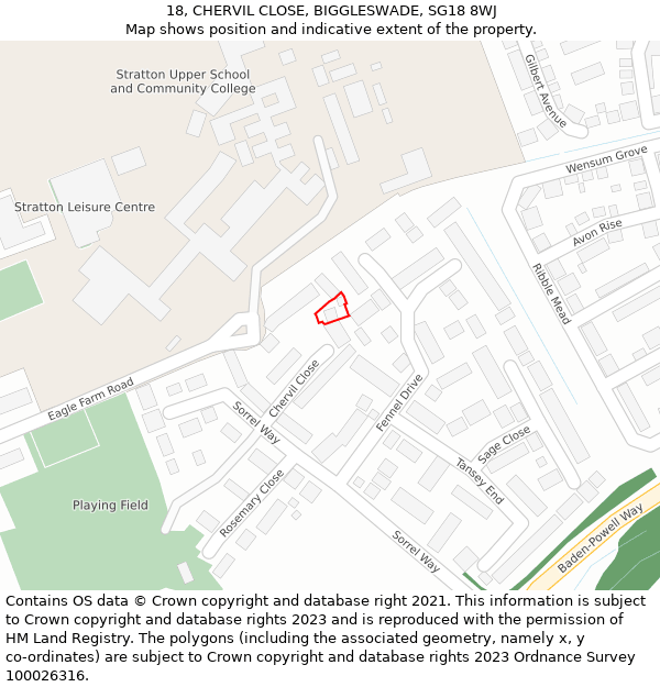 18, CHERVIL CLOSE, BIGGLESWADE, SG18 8WJ: Location map and indicative extent of plot