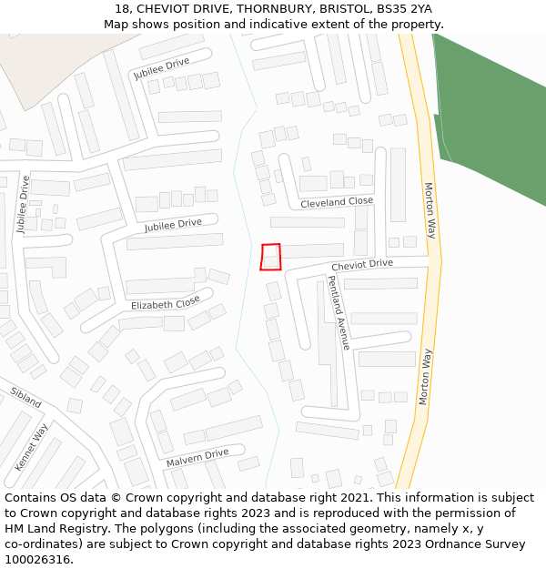 18, CHEVIOT DRIVE, THORNBURY, BRISTOL, BS35 2YA: Location map and indicative extent of plot